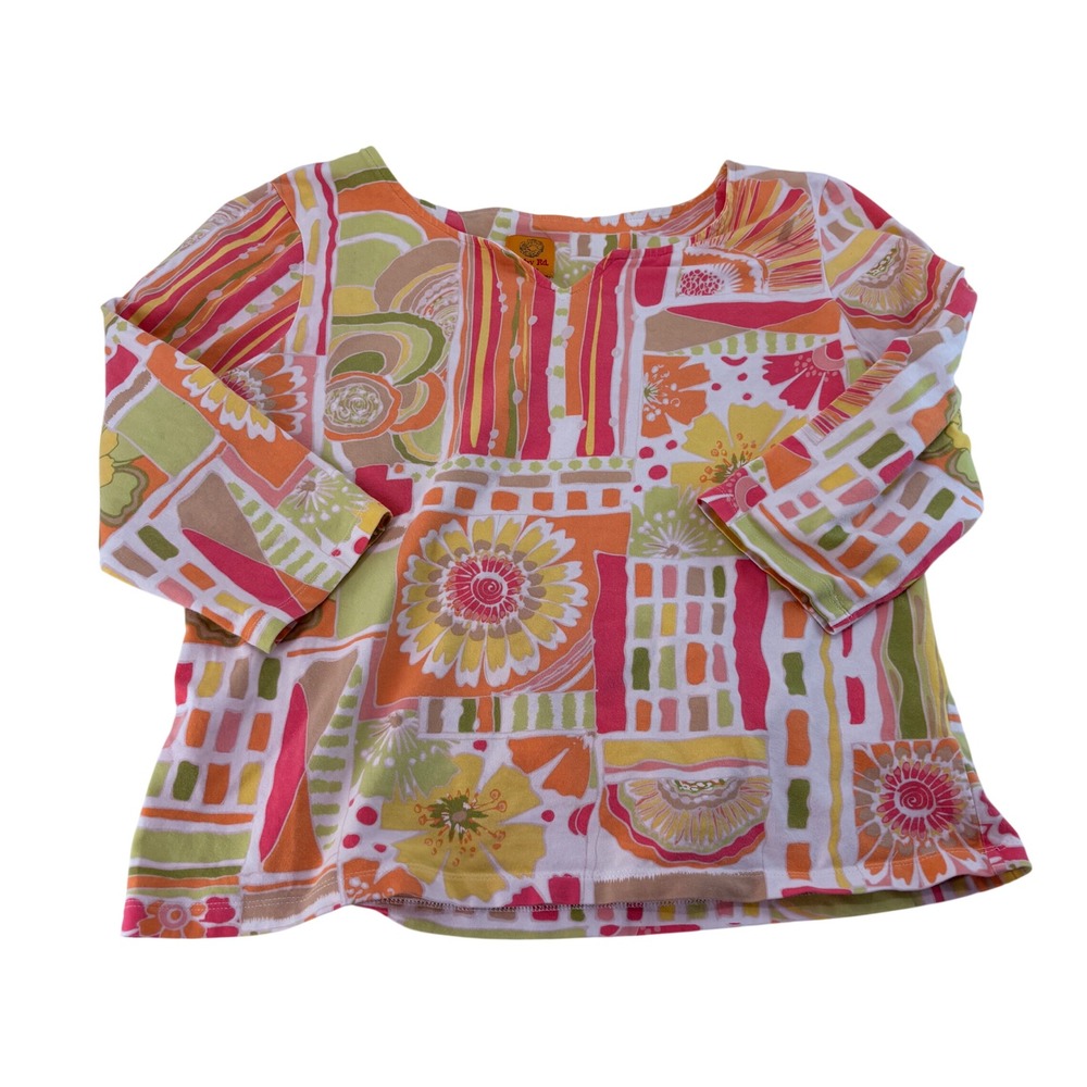 Ruby Rd Petite Floral Patchwork Split Neck 3/4 Sleeve Knit Top Pink Orange PL